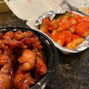 Bourbon chicken and sweet and sour chicken