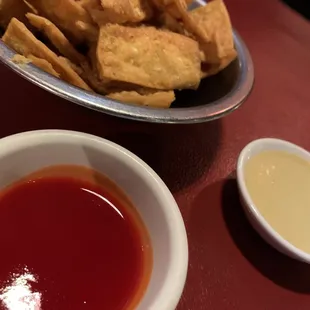 fried noodles and sauces, the hot sauce is WOW, but very flavorful
