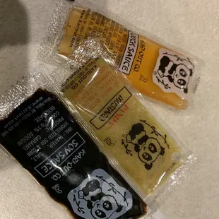 Adorable sauce packets with the panda bear and bamboo. :o)
