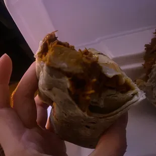 a hand holding a burrito