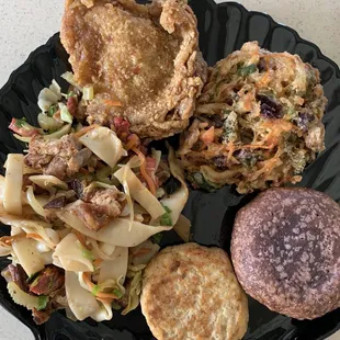 Garlic chicken, veggie tempura, poi donut, ahi patty, chow fun