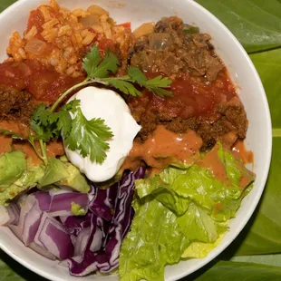 Taco bowl. Our vegan "meat" is full of flavor. If we didn't tell ya it's vegan, you'd never know!