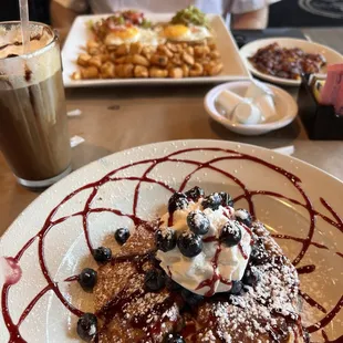 Croissant French Toast, Avocado Toast w/ Eggs, Corned Beef Hash Side