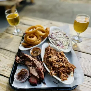 Brisket, Pulled Pork w/ Onion Rings &amp; Coleslaw Salad