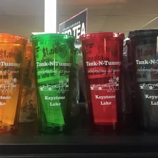 a variety of colored cups