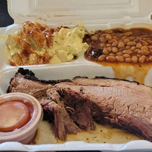 1 Meat Dinner + 2 Sides ( Sliced Brisket, Potato Salad, Baked Beans)