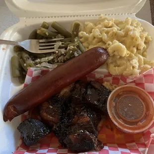 Pork belly burnt ends, hot link, mac and cheese and garlicky green beans.