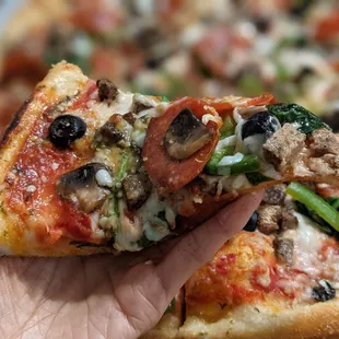 a hand holding a slice of pizza