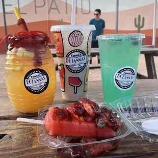 Piña, Horchata, and Blue Lagoon Aguas Frescas along with a Watermelon Crazy Paleta