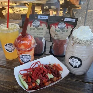 Piña Agua Fresca, Mango Italian Icee, Gusherz and Mango Natural Spicy Candy, Horchata Agua Fresca, and Pepinos Locos (my fav!)