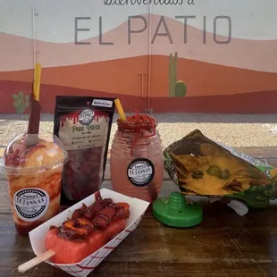 Mango Italian Icee, Watermelon SP Spicy Candy, Pomegranate Lemonade Agua Fresca, Tostitos w/ Cheese and Jalapeños, Watermelon Crazy Paleta