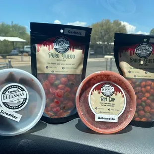 Gushers, skittles, watermelon rip dip and saladitos