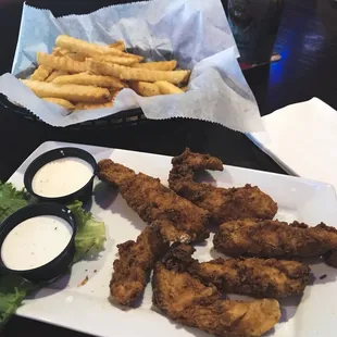Chicken lips, a small side of fries  and garlic Asiago sauce &amp; ranch