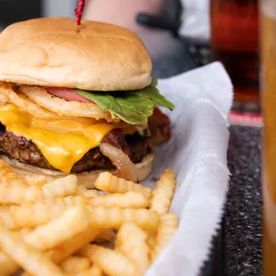 a cheeseburger and fries