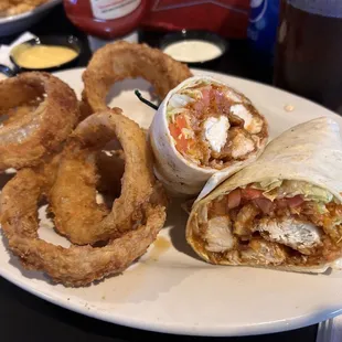 a burrito and onion rings