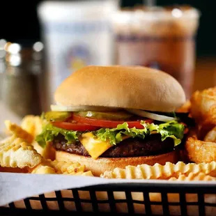 a cheeseburger and fries