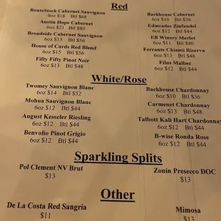 Short wine menu