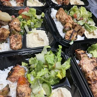 Catering plates with Chicken, Salad, Rice, and Hummus.