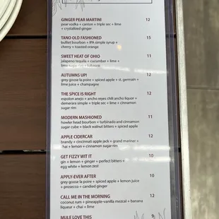 Fall cocktail menu