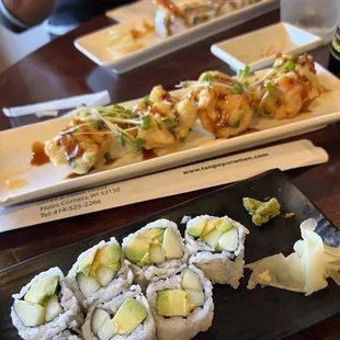Cucumber/avocado roll, Nishiki app, tempura roll