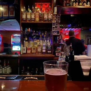 a glass of beer on a bar