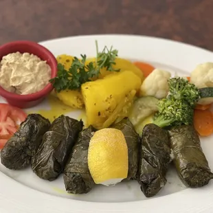 Vegetarian dolmas and lemony potatoes, awesome!