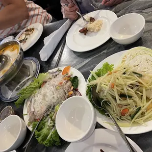 Papaya salad Lao style , yum woon Sen, Tom kha chicken soup