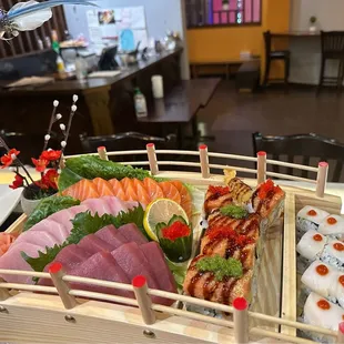 a sushi platter with various types of sushi