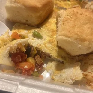 Western Omelette, hash browns, and biscuits