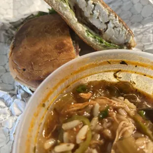 a sandwich and a bowl of soup