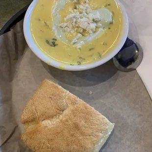 Ecuadorian cheesy potato soup and half sandwich