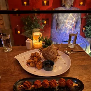 Spicy Tuna Tartare on Crispy Rice, Crispy Snapper in the Sand - IG @bougiefoodieboi