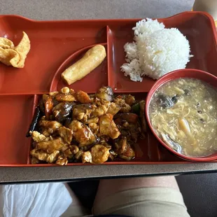 Kung Pao chicken, sweet and sour soup and steamed rice