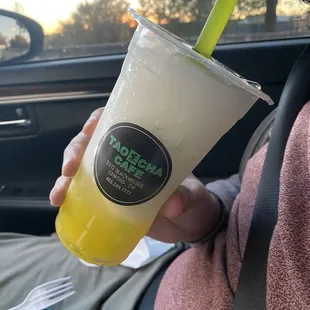 Lychee smoothie with mango boba.