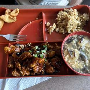 General Tso chicken, sweet, sour soup, and fried rice