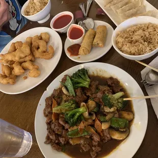 Egg roll, Sizzling Mongolian Beef with extra Veggies, Sweet and Sour Chicken with Fried Rice