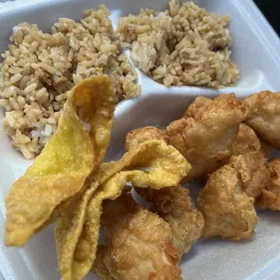 Kids sweet and sour and shrimp fried rice. Wontons