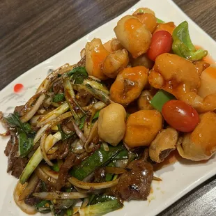 Mongolian Beef and Sweet and Sour Pork combo.