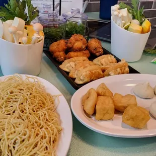 Ramen, veggie bowl, tofu and fish balls