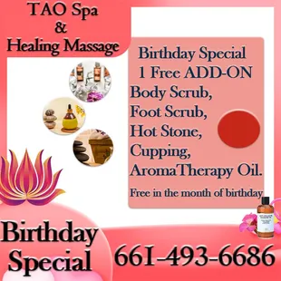 Birthday Special
1 Free ADD-ON-Body Scrub,Foot Scrub,Hot Stone,Cupping,AromaTherapy Oil.
Validity period: Free in the month of birthday