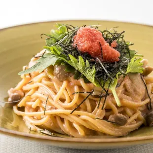 Mentaiko
明太子パスタ　茸　大葉　海苔の風味