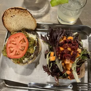 Green chili cheeseburger with side salad and $5 margarita
