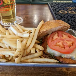 Green ans red chili burger (subbed beef patty for chicken)