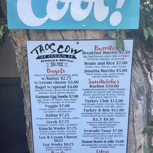 Menu including breakfast taco