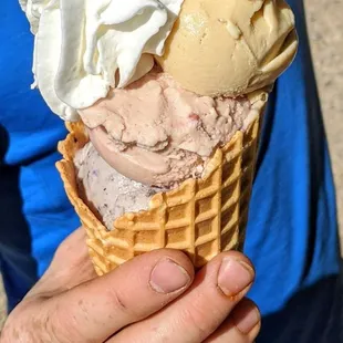 Three scoops with whipped cream