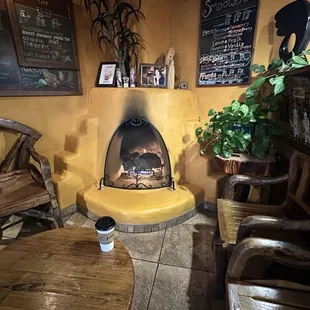 The cozy fireplace nook.