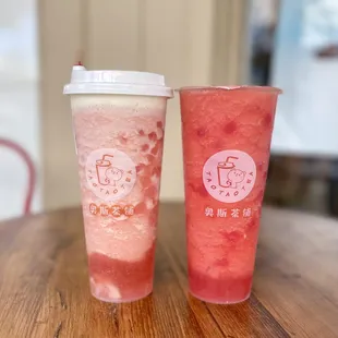 Sexy pink lychee drink, watermelon slush drink with strawberry popping boba added