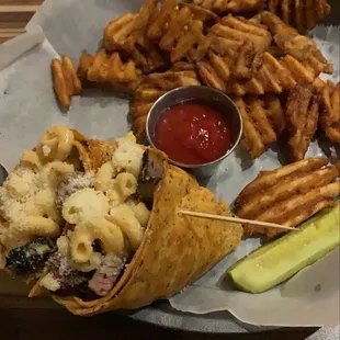 Mac and cheese steak wrap with waffle fries