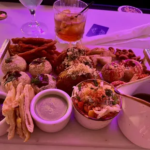 Indian street food board and espresso old fashioned