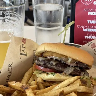 BBQ bacon burger and fries. Classic!